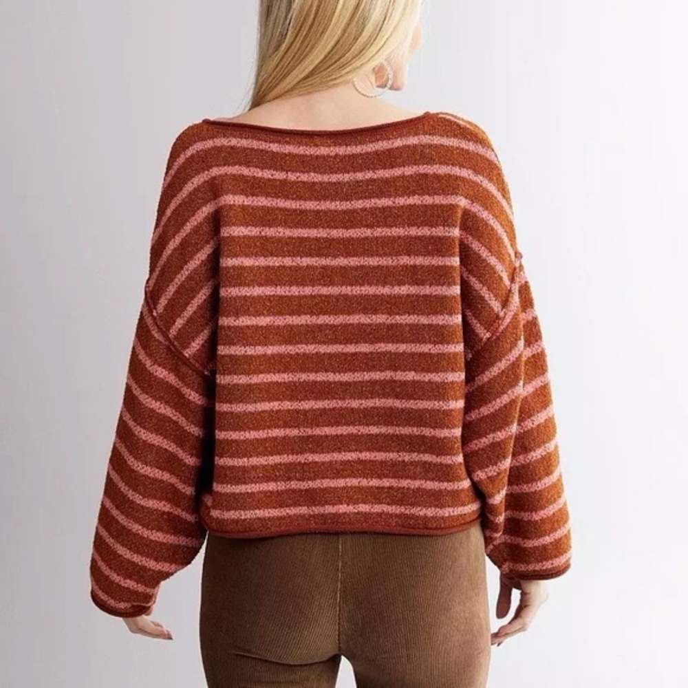 Free People Bardot Slouchy Sweater in Cedar Flower Combo Stripe Sz S - Picture 3 of 14